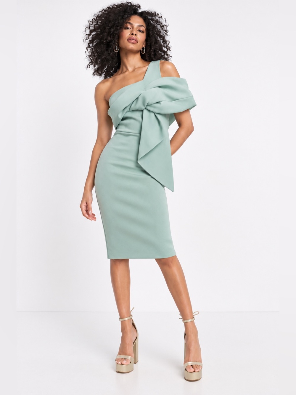 ASOS DESIGN Frosted Sage Peekaboo Shoulder Tuck Scuba Midi Dress US 4 NWT